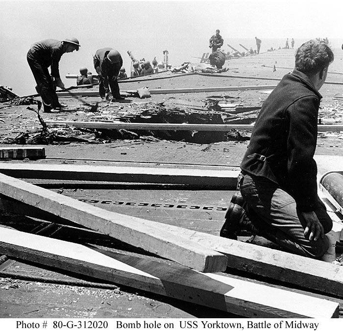USS YORKTOWN BOMB HOLE MIDWAY